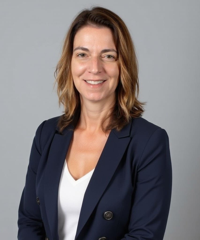 A woman in a suit poses for the camera.