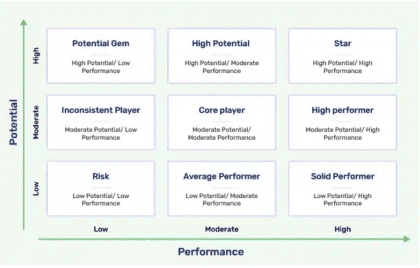 Nine-box grid chart of employee performance and potential for leadership development